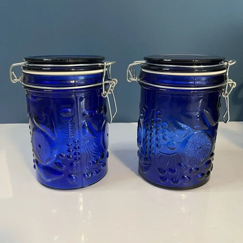Vtg Cobalt Blue Glass Canister Jar Set (2) Hinged Wire Bail 6” Fruit Design READ
